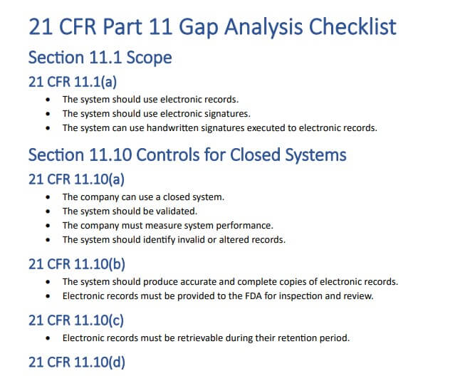 Preview of 21 CFR Part 11 Gap Analysis Checklist in PDF Format