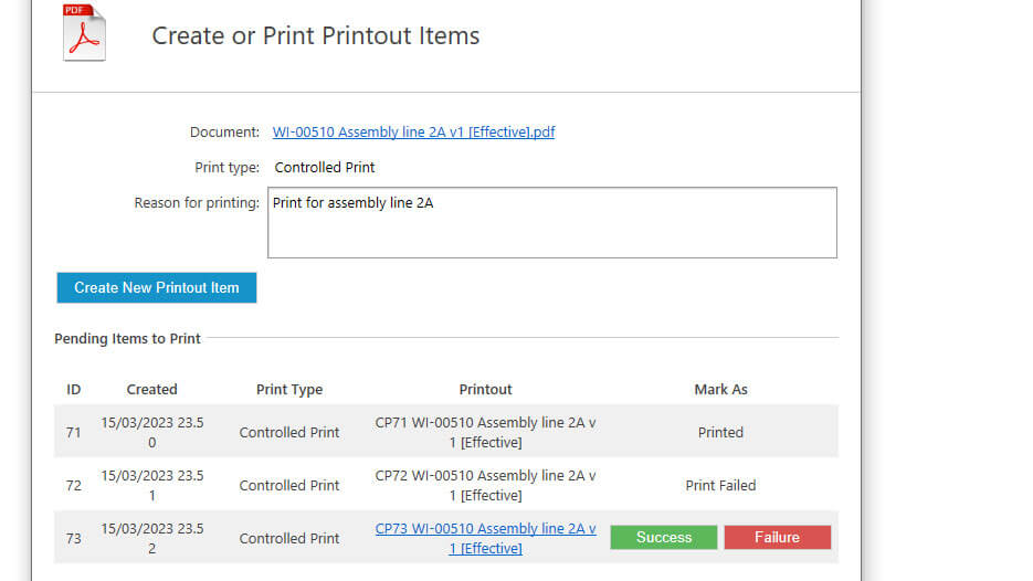 Controlled print item results - success or failure