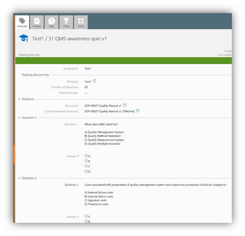 Quiz Training Record Metadata Card in SimplerQMS