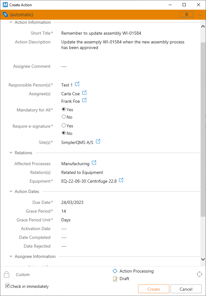 Action Metadata Card in SimplerQMS