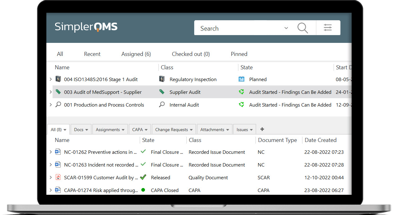 Audit List in SimplerQMS in a Laptop