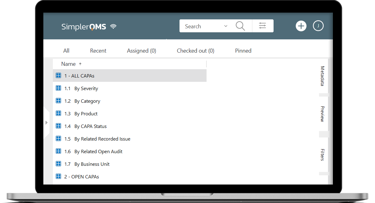 CAPA Dashboards in SimplerQMS on a Laptop