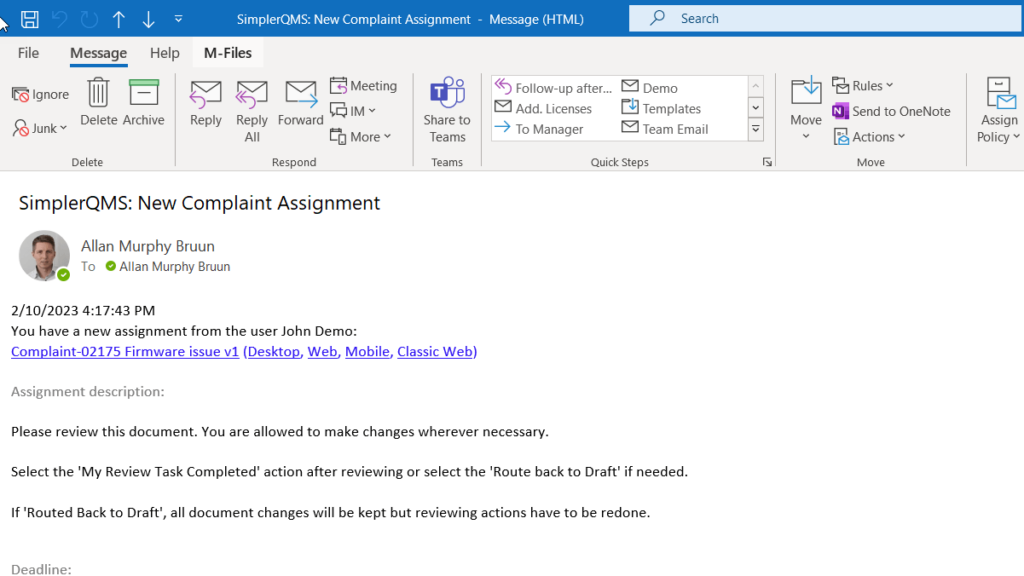 Automated complaint task email notification