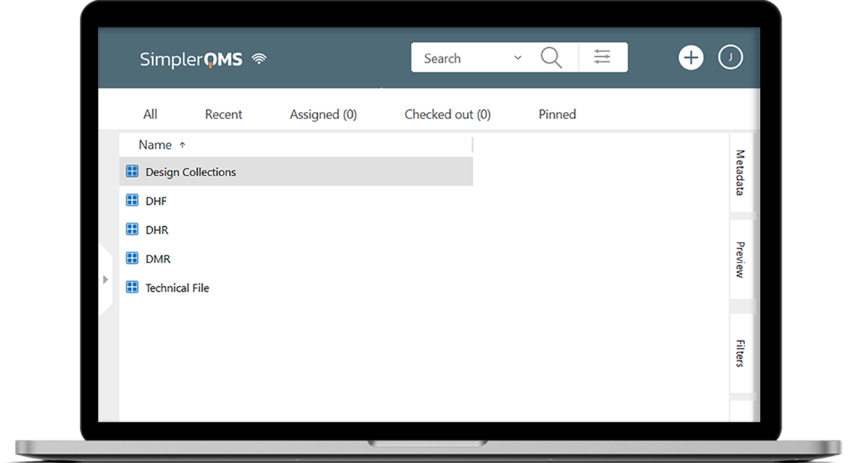 Design Control Archives in SimplerQMS Viewed on a Laptop