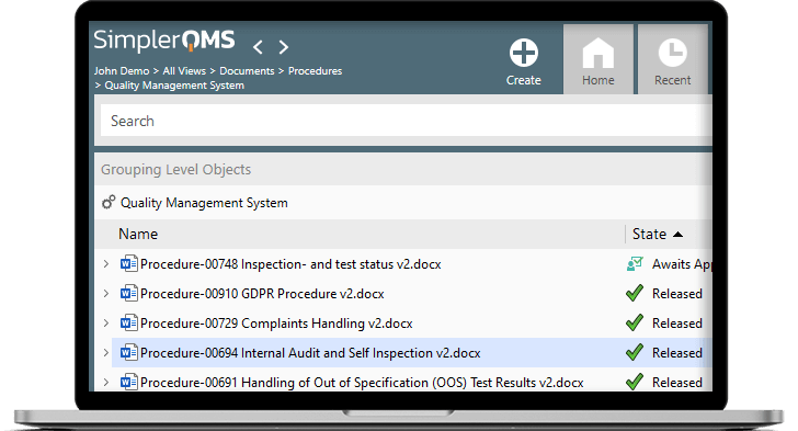 List of QMS Procedures in SimplerQMS