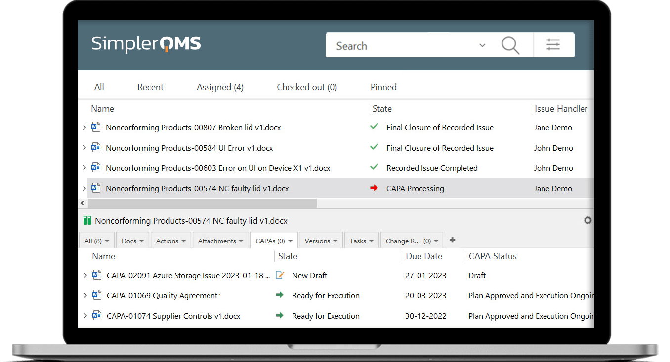 Nonconformance List In SimplerQMS On a Laptop