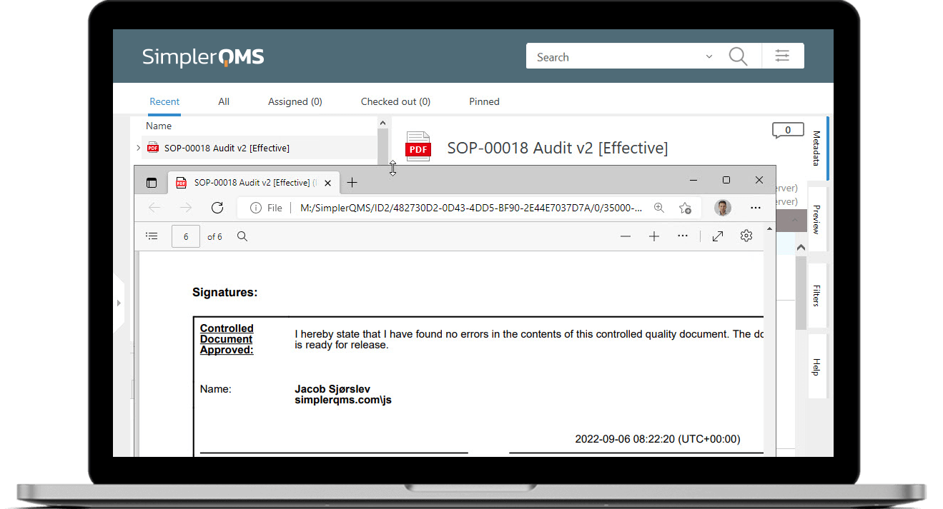 Design Control Archives in SimplerQMS Viewed on a Laptop