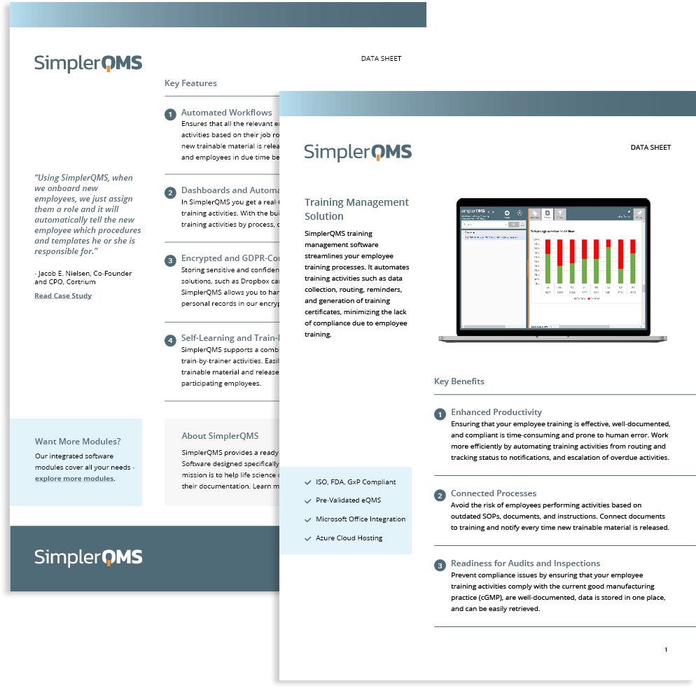 SimplerQMS Training Management Data Sheet Preview