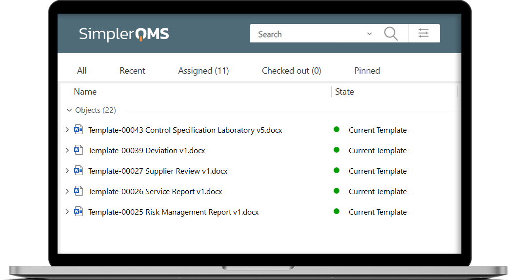 Template list in SimplerQMS using a laptop